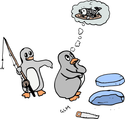 Ein hungriger Pinguin möchte gerne einen Fisch. Ein freundlicher Pinguin kommt mit einer Angel hinzu und gibt ihm keinen Fisch, sondern bringt ihm Angeln bei