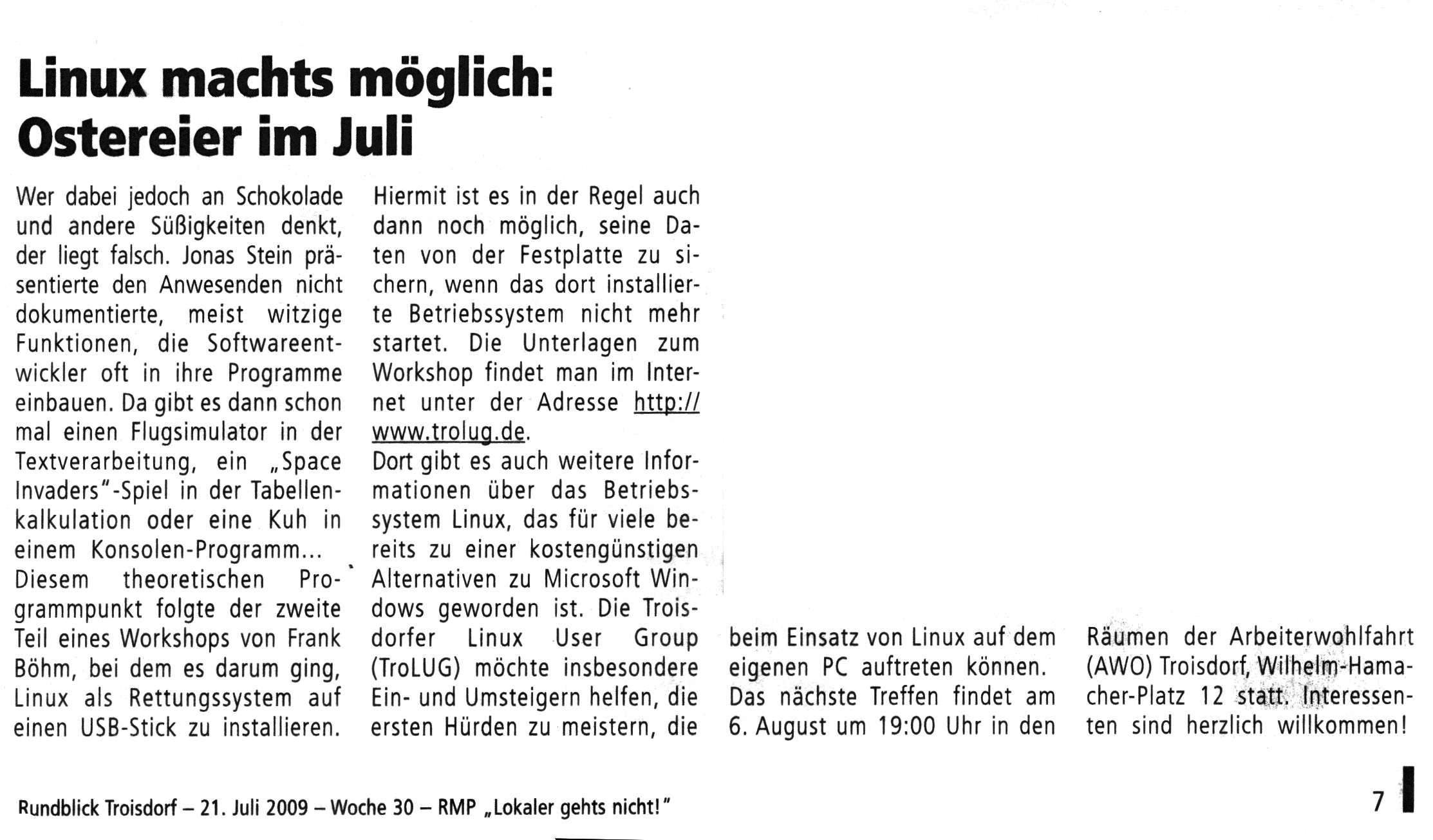 Scan vom Artikel “Linux machts möglich: Ostereier im Juli” von 2009
